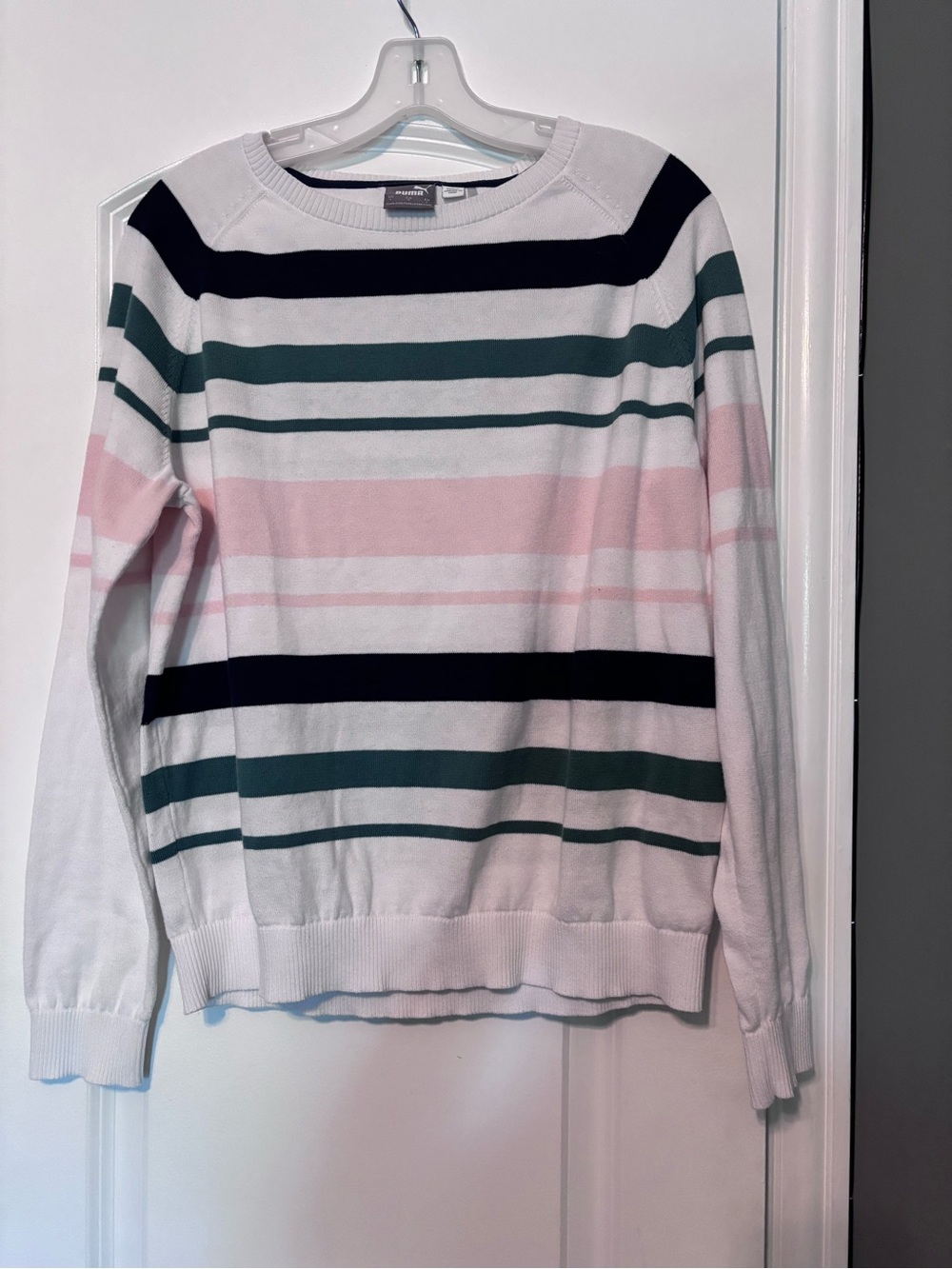 Puma White Crewneck Sweater with Pink, Green & Navy Stripes Size Large